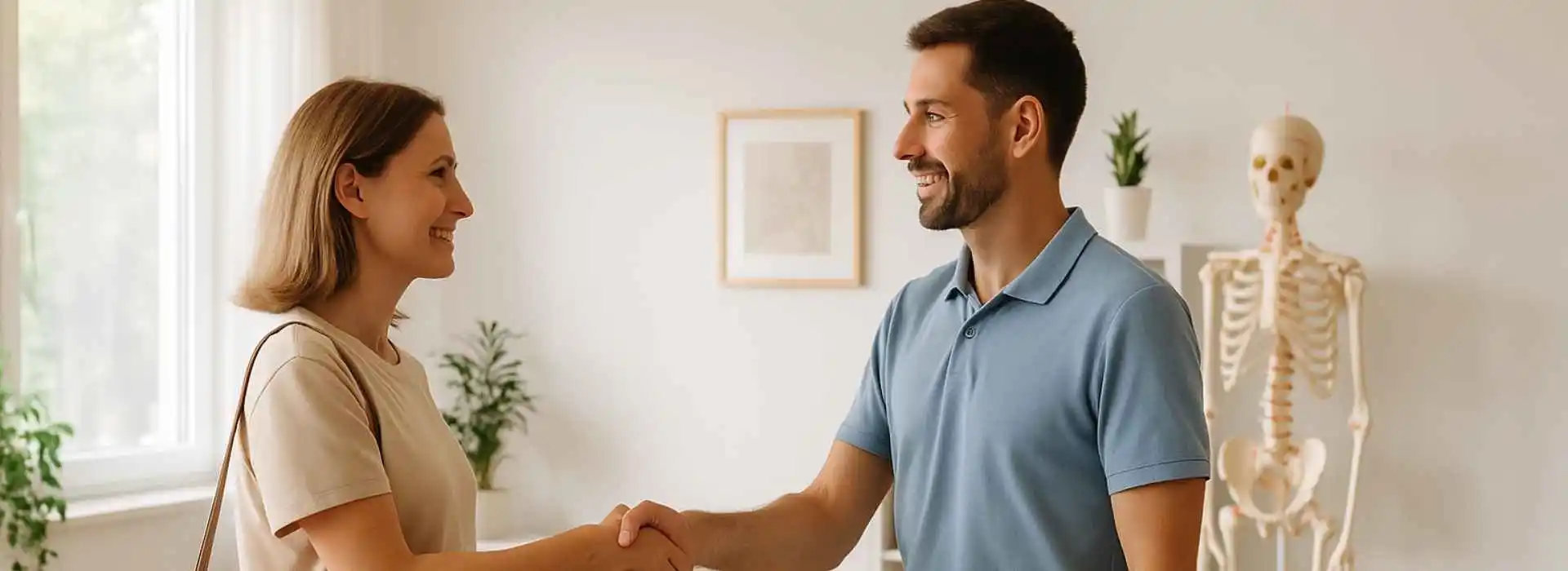 Paciente saludando a su quiropráctico en una clínica moderna, luminosa y cercana, reflejando confianza y atención profesional